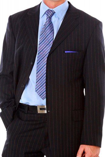 Superb workmanship and high quality can be found in this mens tailor made pinstripe suit. Order online for free customization. Choose your linings, buttons and more for this custom tailored three button style suit matched with handmade flat front pants and a made to order center vent at the back.