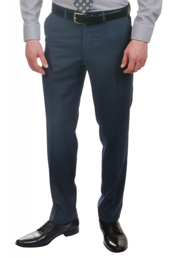 A classic handmade men's slim fit pair of wrinkle-free metallic blue sharkskin flat front suit pants with tailor made front slash pockets, two made to order back pockets, and custom made extended belt loops, all held up by a tailored two-point button and hook closure waistband.