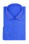A men's royal blue custom tailored striped shirt, made to measure with a tailor made one-pocket design, handmade cut away barrel cuffs and a made to order French front.

