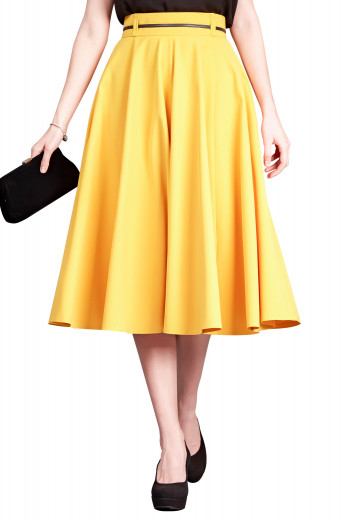 Handmade with silk, these calf length feminine bespoke skirts are semi-formal party wears. These tailor made mustard yellow flared skirts display made to order concealed zipper at front left and tailored extended waistband with belt loops for proper closure.