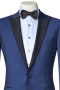 Royal blue one-button bespoke tuxedo with black contrasted tailored high peak lapels and made to measure flat front pants that has also been trimmed with black satin - Fancy!!