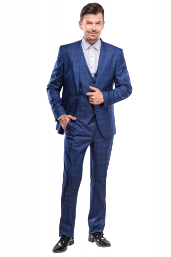 An exquisitely handmade three piece suit made up of a single breasted five button v-neck vest, a pair of matching flat front pants with slash pockets, all completed by a comfortably tailored single breasted two button suit jacket.