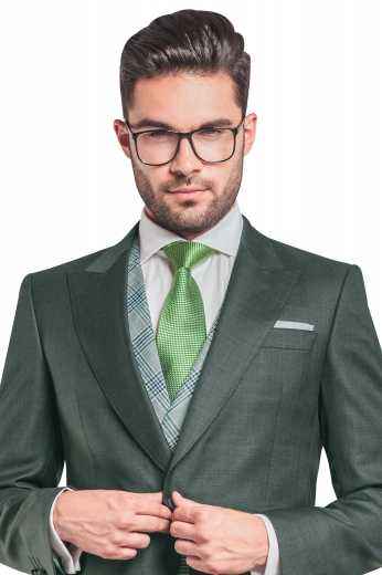 Mens Bespoke Fabric Covered Button Jacket A bespoke comfy stretch dark grey single-breasted jacket with one button covered by fabric, wide peak lapels, a boutonniere, an upper welt pocket, and a high gorge.