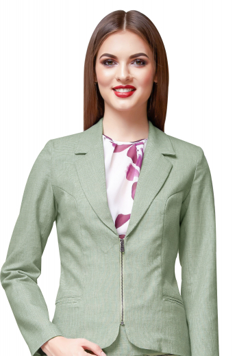Bespoke wrinkle proof skirt suits putting in view hip length V neck jackets with slanted double piped lower pockets and bird wing collars, and tailor made pencil skirts, ending just above the knees, with back zipper, center back vents and wide waistbands.