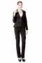 This stunning womens custom made black pant suit in wool features a bespoke jacket with 2 front close buttons and handmade dress pants with a zipper fly. The mens custom made slim fit black jacket has 3 inch wide high notch lapels, hand moulded shoulders, and princess dart back and front. The womens tailor made slim fit dress pants have a flat front, 2 front slash pockets, a 2 point button and hook closure, a boot cut style, and flared legs. You can buy this affordable womens bespoke slim fit black pant suit at My Custom Tailor.