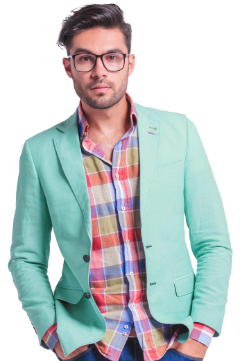 This handsome mens custom made light turquoise jacket in cashmere wool features 2 notch lapels, 2 lower pockets with flaps, and 1 upper welt pocket. With top stitching on the lapels and edges, this mens made to order slim fit dinner jacket also features 2 boutonnieres on the left lapel and 2 front close buttons. You can buy this mens bespoke slim fit turquoise jacket, with a center vent and 2 notch lapels, at My Custom Tailor at super affordable rates. 