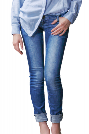 Style no.15790 - This womens custom made blue denim jeans is a stunning casual that you can buy at affordable rates at My Custom Tailor. This womens tailor made slim fit washed jeans has 5 levi style front pockets, a zipper fly, and extended belt loops. This womens bespoke low waist jeans also features an extended waistband with a button. You can wear this womens handmade full length denim jeans to night outs, parties, as well as a day out with your friends.
