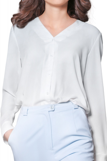 Style no.15793 - This womens handmade white cotton blouse is a perfect formal for meetings and interviews. This daily wear womens tailor made white formal shirt has a V neck collar and a plain front and back. You can buy this womens bespoke white cotton dress shirt at My Custom Tailor at affordable rates to upgrade your wardrobe of premium quality bespoke formals. 