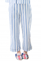 This super comfortable womens custom made striped cotton night suit comes from the premium range of affordable handmade garments at My Custom Tailor. This womens tailor made white night suit with blue stripes features a bespoke loose fit night shirt and handmade striped pyjamas. The womens custom made full length pyjamas with blue stripes have an elastic waistband. The womens bespoke night shirt has a rounded point collar, a flat front, a squared bottom, and 1 standard pocket on the left.