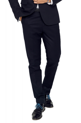 These iconic mens custom made dress pants in English Wool have a flat front and a standard 2 point button and hook closure. These mens tailor made navy blue dress pants also feature 2 front slash pockets, 2 back pockets, and hand sewn cuff hems. You can buy these mens bespoke slim fit navy blue dress pants at My Custom Tailor at super affordable rates to update your wardrobe of luxurious bespoke formals. 