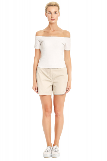 Style no.15810 - You can wear these stylish womens bespoke cream shorts in cotton to beach parties and a casual day out with your girl gang. These womens handmade flat front summer shorts have a zipper fly and a 2 point button and hook closure. These womens custom made cream shorts also feature beautifully stitched 2 inch wide turned up cuffs. You can buy these utterly delightful womens handmade cotton casual shirts at My Custom Tailor to get a hang of luxury at affordable rates.