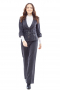 This is an ultra stylish womens custom made dark grey wool pant suit that features a handmade ultra slim jacket and bespoke flared legs dress pants. The womens custom made slim fit jacket has 2 notch lapels, a same fabric belt, princess dart back and front, 2 rounded lower patch pockets, hand moulded shoulders, and stunning buttoned epaulettes on cuffs. The womens bespoke boot cut dress pants have a slim cut fitting, flared legs, comfortable belt loops, and a zipper fly.