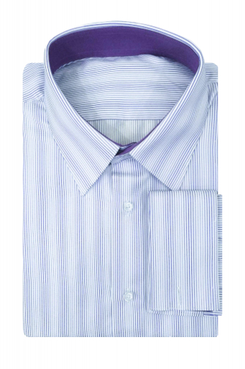 This mens handmade classic white Egyptian cotton business shirt with purple stripes has a stunning Ainsley collar with 3 inch wide collar points and 1 1/2 inch collar height. This mens tailor made slim fit striped dress shirt also has 2 squared edge french cuffs and a plain front that makes this mens bespoke striped white dress shirt a perfect daily wear for work. You can buy this mens made to order striped cotton shirt at My Custom Tailor to add a hint of sophistication to your entire work look.