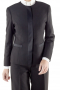 This super trendy womens handmade black tuxedo suit in wool - featuring a tailor made slim fit jacket and custom made baggy pants - gives a never-seen-before kind of formal look. The womens tailor made suit pants have a flat front, 2 on-seam front pockets, 2 beautifully hand sewn cuffs hems at the bottom, a zipper fly, and a 2 point button and hook closure. The womens bespoke tuxedo jacket is a show stealer with a princess dart front and back, 2 lower welt pockets, a rounded collar, and 5 front close buttons.