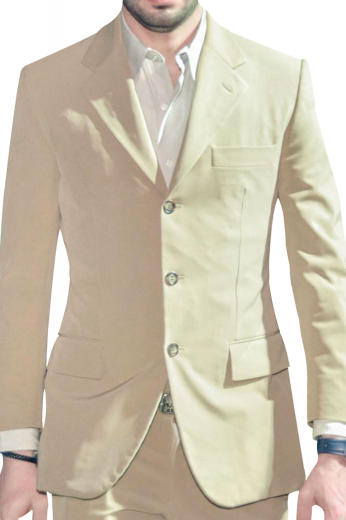 Mens handmade 120s wool light beige suit. Features a tailor made slim fit dinner jacket with hand moulded shoulders and custom made dress pants with 2 front slash pockets. The mens custom made jacket has 3 front close buttons, 2 notch lapels with 1 boutonniere on the left lapel, 1 upper welt pocket, 2 lower flapped pockets, and a center vent. The mens bespoke slim fit dress pants have a 2 point button and hook closure, a zipper fly, and 2 back pockets. Buy this mens bespoke slim fit suit at My Custom Tailor for a dapper look.