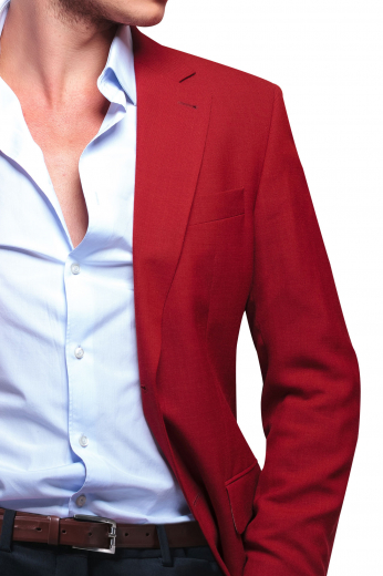 This mens handmade red blazer in wool gabardine is an ideal office wear for meetings and interviews. This mens custom made slim fit jacket features 2 front close buttons, 2 3-inch-wide notch lapels with 1 boutonniere on the left lapel, and hand moulded shoulders. With a sophisticated single breasted pattern, this mens made to order wool blazer features 1 upper welt pocket and 2 stunning double piped lower pockets. You can buy this mens tailor made slim fit red blazer at My Custom Tailor to flaunt a dapper look at work.