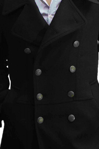 Mens Custom Made Double Breasted Black Overcoat This mens made to order cashmere wool black overcoat is an ideal winter retreat for men who like to stay stylish all the time. This mens custom made double breasted overcoat with 8 front buttons and 3 to close features a stunning duckbill collar. With 1 boutonniere on the left lapel, elegant hand moulded shoulders, and 2 slanted welted lower pockets, this mens bespoke black wool overcoat can be purchased at My custom Tailor at unbelievably low rates.