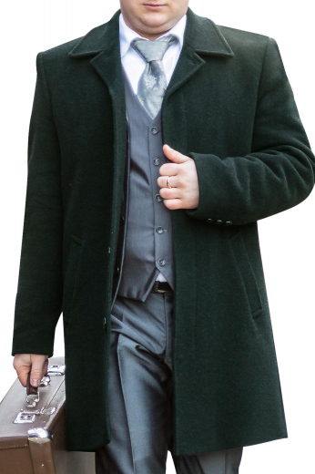 This mens bespoke merino wool dark grey overcoat will keep you cozy throughout the winter season and autumn. With a comfortable fit and a single breasted pattern, this mens tailor made winter jacket features a Hawaiian collar, 2 3-inch-wide edge stitched lapels with 1 boutonniere on the left lapel, and 2 slanted edge stitched lower welt pockets on the front. You can buy this mens custom made wool overcoat at My Custom Tailor and wear it to work for a comfortable stylish corporate look.