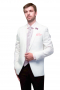 This stellar men handmade white 2 piece wool suit - featuring a bespoke slim fit jacket and handmade tuxedo pants - is perfect for weddings and corporate parties. The mens custom made slim fit dress pants have a flat front, 2 back pockets, a 2 point button and hook closure, and a zipper fly. The mens tailor made dinner jacket has 1 front close button, 2 satin-facing notch lapels with 1 boutonniere on the left lapel, 1 upper welt pocket, 2 lower flapped pockets, and a hand sewn flapped ticket pocket on the left. 