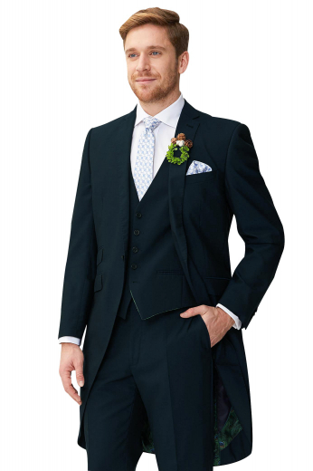 Mens must buy tailor made dark navy blue cashmere tailed tuxedo. Features a bespoke slim fit jacket, a custom made vest, and dress pants. The mens handmade tailed jacket features 2 notch lapels, 1 boutonniere on the left lapel, 1 upper welt pocket, 2 lower flapped pockets, and a flapped ticket pocket on the left. The mens custom made vest has 5 front buttons, 2 piped lower pockets, and an adjustable cloth back with a buckle. The mens bespoke tux pants have a 2 point button and hook closure, a zip fly, and 2 front slash pockets. 