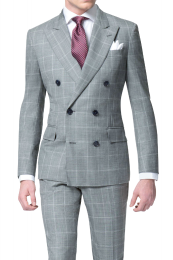 Iconic mens handmade double breasted grey suit in 150s wool. This mens tailor made plaid suit features a slim fit double breasted jacket with 6 front buttons, 2 to close and bespoke plaid dress pants with a high waist. The mens custom made plaid dinner jacket features peak lapels with 1 boutonniere on the left lapel, a center vent, 2 lower flap pockets, and 1 upper welt pocket. The mens tailor made slim fit dress pants have 2 front slash pockets, 2 back pockets, a zip fly, and a 2 point button and hook closure.