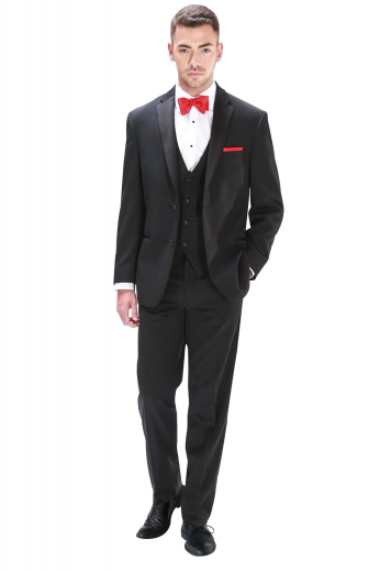 This mens tailor made black tuxedo in wool features a mens handmade slim fit vest, a mens tailor made tuxedo jacket with 2 front close buttons, and mens custom made slim fit suit pants. The mens handmade wool vest features a satin back with an adjustable buckle and 4 front close buttons. The mens bespoke black tuxedo jacket features 2 rolled notch lapels with a boutonniere on the left lapel. The mens tailor made slim fit dress pants have extended belt loops and a 2 point button and hook and a zip fly for front closure. 