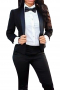 Get party-ready with this stunning womens tailor made slim fit wool black tuxedo, featuring a womens handmade short length tuxedo jacket and womens tailor made slim fit suit pants. The womens handmade black tux jacket has a single breasted style, a shawl collar with satin-facings lapels, and a classic medium gorge. The womens handmade dress pants have flat fronts with a zipper fly for front closure. Buy this trendy womens tailor made wool tuxedo at My Custom Tailor and get ready for weddings and corporate events in no time. 