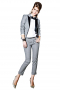 Womens tailor made silver tuxedo suit in superwool. Perfect for meetings and interviews. Features a womens handmade single breasted tuxedo jacket and womens bespoke slim fit suit pants. The womens custom made tux jacket has satin-facing peak lapels, 2 slanted double piped lower pockets, and 1 front closure button. The womens handmade boot cut pants with calf length have iconic flat fronts with 1.5 inch turned-up bottom cuffs and gorgeously designed extended belt loops with a 2 point button and hook and a zipper fly for closure.