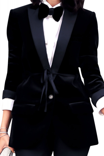 This gorgeous womens tailor made black tuxedo jacket in 120s superwool is a show stealer you can wear to all corporate gatherings, weddings, and formal events. With an exquisitely designed shawl collar with satin facings lapels and 2 trendy double piped lower pockets, this womens made to order slim fit dinner jacket is an iconic single breasted garment with 1 front button to close. Buy this womens bespoke black tuxedo jacket at My Custom Tailor to flaunt a major trendsetting look wherever you go.