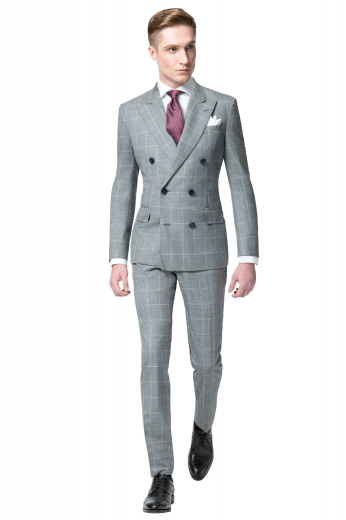 Slay in style in this mens handmade alpaca wool double breasted grey suit at My Custom Tailor, featuring a stylish mens handmade double breasted jacket and comfortable mens bespoke slim fit suit pants. The mens tailor made jacket in windowpane checks has 6 front buttons with 2 to close, 2 peak lapels, 1 upper welt pocket, and 2 lower flapped pockets. The mens custom made suit pants have an iconic 2 point button and hook closure and a zipper fly to support the extended belt loops, 2 front slash pockets, and 2 back pockets. 