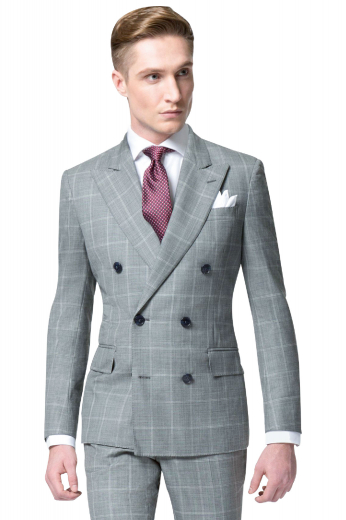 Slay in style in this mens handmade alpaca wool double breasted grey suit at My Custom Tailor, featuring a stylish mens handmade double breasted jacket and comfortable mens bespoke slim fit suit pants. The mens tailor made jacket in windowpane checks has 6 front buttons with 2 to close, 2 peak lapels, 1 upper welt pocket, and 2 lower flapped pockets. The mens custom made suit pants have an iconic 2 point button and hook closure and a zipper fly to support the extended belt loops, 2 front slash pockets, and 2 back pockets. 