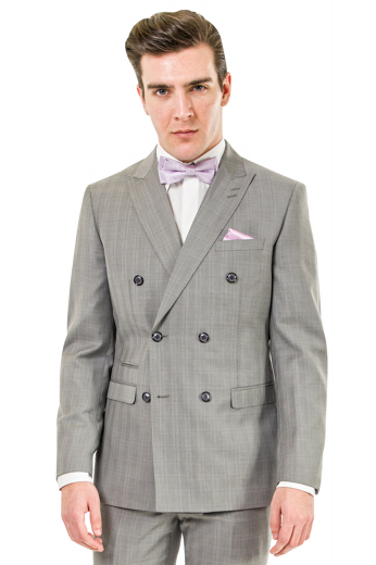 Mens must buy custom made light grey plaid suit in wool. Features a mens handmade double breasted jacket and mens tailor made suit pants. The mens bespoke jacket has 6 front buttons with 2 to close, stylish peak lapels with 2 stunning boutonnieres on the left lapel, 1 upper welt pocket, 2 lower flapped pockets, and 1 exquisite double piped ticket pocket on the left. The mens bespoke slim fit dress pants have a classic flat front with 2 front slash pockets, 2 back pockets, a zipper fly, and a 2 point button and hook closure.  