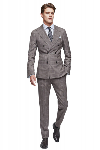 Iconic handmade double breasted cashmere wool plaid suit for men with a handmade slim fit jacket and bespoke suit pants. The mens tailor made suit pants feature a zipper fly, extended belt loops to support a 2 point button and hook closure, and 2 front slash pockets and 2 back pockets. The mens bespoke plaid jacket has a slim cut fitting designed to flaunt 2 slim ruled peak lapels, 2 lower flapped pockets, and 1 upper welt pocket. Buy this mens custom made wool suit to slay in style at work and corporate meetings.