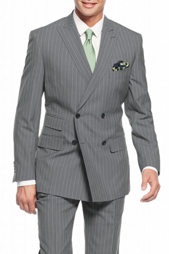 Mens handmade light grey suit in 150s wool. Features a mens tailor made slim fit jacket and mens custom made suit pants. The mens handmade double breasted jacket with stripes is fabricated to flaunt 4 front buttons with 2 to close, 2 slim ruled peak lapels with a dashing boutonniere on the left lapel, 2 lower flapped pockets, 1 upper welt pocket, and a special double piped ticket pocket on the left. The mens handmade slim fit pants feature a crisp flat front augmented with a zipper fly and a 2 point button and hook closure. 