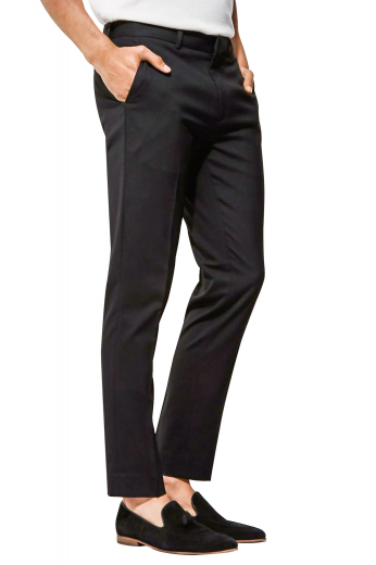Mens handmade wool blend black dress pants. Fabricated for interviews, meetings, and corporate events. Designed by skilled tailors at My Custom Tailor, these mens made to order slim fit suit pants have extended belt loops, a two point hook and button closure, and a zipper fly. These iconic mens tailor made slacks have a crisp flat front with 2 front slash pockets and 2 elegantly hand sewn back pockets. Wear these stylish mens tailor made suit pants with mens handmade slim fit shirts to look every bit handsome from head to toe.