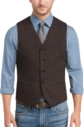 This mens handmade dark brown vest in English wool features a classic V-shaped neck with a stunning slim cut fitting, festooned with 5 front closure buttons. This custom made waistcoat for men has 2 piped lower pockets that make this vest an ideal corporate garment that you can wear to board meetings and interviews.