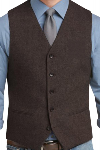This mens handmade dark brown vest in English wool features a classic V-shaped neck with a stunning slim cut fitting, festooned with 5 front closure buttons. This custom made waistcoat for men has 2 piped lower pockets that make this vest an ideal corporate garment that you can wear to board meetings and interviews.