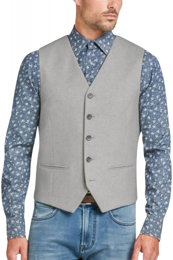 Dapper mens handmade light grey vest in poplin cotton. Gives a stunning work look that you can flaunt at board meetings and interviews. With a stunning plaid pattern, this mens custom made slim fit vest features 5 color contrasting black front buttons to close. This mens tailor made cotton waistcoat also shows an amazing display of features like a stylish V-neck and 2 piped lower pockets. You can buy this handsome mens made to measure vest to be a part of your premium quality handmade corporate garments at My Custom Tailor.