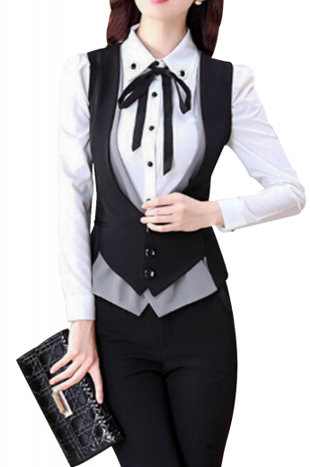 Trendy womens tailor made black pant suit in silk. A perfect office wear with handmade flat front pants and a bespoke slim fit vest. The womens tailor made suit pants feature comfortable belt loops with a 2-point button and hook closure. The womens made to order silk vest puts on view an iconic deep U neck and is adorned with 3 front closure buttons and an adjustable cloth back with a buckle. You can buy this affordable womens tailor made pant suit at My Custom Tailor to experience luxury like never before.