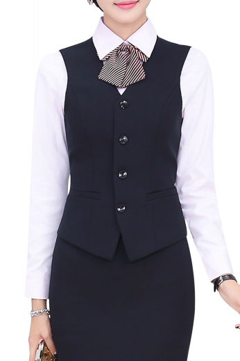 Womens handmade dark Navy skirt suit in twill cotton. An ideal office wear with an elegantly stitched custom pencil skirt and a handmade single breasted vest. The womens custom made pencil skirt with a back center vent and a back zipper for closure provides all day comfort with a flat front that sits right above the knees. The womens handmade slim fit vest features a V-neck, 4 front closure buttons, and 2 lower welted pockets. The womens made to order cotton vest also features a back with an adjustable buckle for perfect fitting.