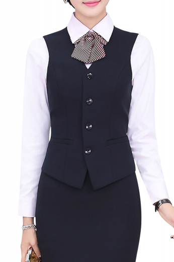 Style no.16166 - Womens handmade dark Navy skirt suit in twill cotton. An ideal office wear with an elegantly stitched custom pencil skirt and a handmade single breasted vest. The womens custom made pencil skirt with a back center vent and a back zipper for closure provides all day comfort with a flat front that sits right above the knees. The womens handmade slim fit vest features a V-neck, 4 front closure buttons, and 2 lower welted pockets. The womens made to order cotton vest also features a back with an adjustable buckle for perfect fitting.