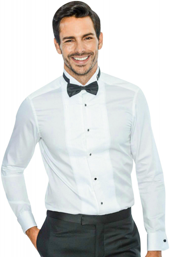 You can wear this dapper mens handmade white tuxedo shirt in cotton poplin to weddings and cocktail parties. With an iconic wing tip collar and squared edge french cuffs, this stunning mens custom made dress shirt also features a placket front with contrasting black front closure buttons for maximum comfort. Buy this mens tailor made cotton tuxedo shirt at My Custom Tailor to be a part of your classic mens handmade premium clothing range at affordable rates. 