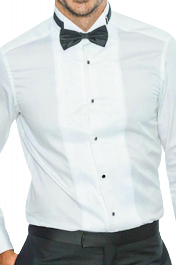 Style no.16175 - You can wear this dapper mens handmade white tuxedo shirt in cotton poplin to weddings and cocktail parties. With an iconic wing tip collar and squared edge french cuffs, this stunning mens custom made dress shirt also features a placket front with contrasting black front closure buttons for maximum comfort. Buy this mens tailor made cotton tuxedo shirt at My Custom Tailor to be a part of your classic mens handmade premium clothing range at affordable rates. 