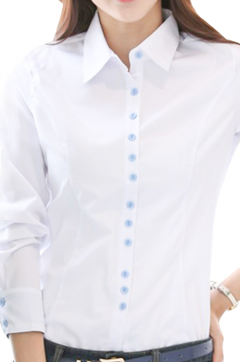 Style no.16182 - This super stylish womens bespoke white shirt in cotton is an ideal garment for meetings, interviews, and corporate parties. It showcases a beautifully hand sewn Ainsley collar adorned with color contrast buttons to close. This womens made to order cotton blouse with a slim cut fitting has a placket front. It looks super stylish with two buttons square barrel cuffs and an elegant princess dart back. Wear it with womens bespoke suit skirts and womens tailor made suit pants to experience class like never before.