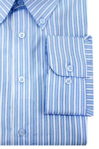 This stunning mens handmade white and blue cotton shirt with beautiful stripes is perfect for meetings and interviews. It is a super luxurious mens tailor made dress shirt with a European Narrow Forward Point Collar adorned with 2 1/2 inch collar points. This mens bespoke dress shirt with a plain back and placket front is a must buy iconic garment with hand sewn rounded barrel cuffs for class and sophistication.
