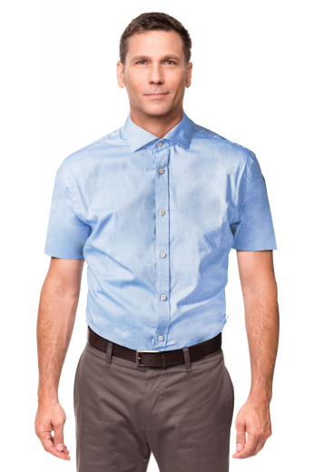 This handsome mens handmade sky blue shirt is a trendy formal that can be worn to work daily. Fabricated with cotton, this mens bespoke short sleeves shirt puts to display a stunning full spread collar with 2 stylish 1/2 inch collar points. It is an excellent mens tailor made formal shirt that is made super comfortable with a plain back and a placket front. Order online at My Custom Tailor to own this mens bespoke shirt for the style that speaks for itself. 