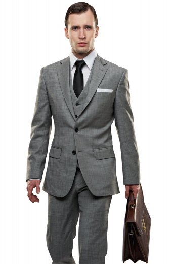 Look every bit handsome in this trendy mens handmade grey three piece suit in wool and linen. It features a slim fit mens bespoke suit pant, a single breasted mens handmade vest, and a slim cut mens custom suit jacket. The mens bespoke pant has a flat front with front slash pockets and a zipper fly. The V-neck mens custom vest has 5 front buttons to close. The iconic mens handmade blazer has a 2 button front closure, 2 lower flapped pockets, and 1 upper welt pocket. 