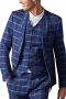 This elegant mens handmade checkered three piece blue suit in gabardine is an absolute stunner. It has a mens bespoke suit pant, a mens custom suit jacket, and a mens tailor made vest. The mens bespoke pant has a flat front and a zipper fly. The mens handmade vest has 5 front closure buttons and a V-neck. The mens tailor made blazer has an iconic slim cut finish with a shawl collar and 2 front closure buttons. Order online at My Custom Tailor where weavers can also hand stitch the edges of the pockets and lapels.