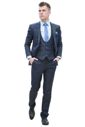 This iconic mens handmade three piece suit in blue, made with alpaca wool, is an ideal office wear. It consists of a mens custom suit pant, a mens bespoke vest, and a mens tailor made blazer. The mens bespoke pant flaunts extended belt loops for comfort and a stylish two point button and hook closure. The mens custom made vest has a curved U-neck pattern with a 4 front button closure. The mens bespoke suit jacket is an elegant slim fit garment with a checkered pattern and 2 front closure buttons.