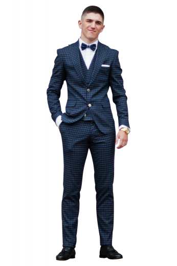 This elegant mens handmade 3 piece blue suit with a stunning checkered pattern is woven with premium quality wool at My Custom Tailor. It is a modish collection of 1 mens bespoke pant, 1 mens custom vest, and 1 mens slim fit blazer. The mens suit pant has a flat front, a zipper fly, front slash pockets, and a two point button closure. The mens bespoke vest has a slim cut finish with an iconic shawl collar. The mens slim fit bespoke blazer has 2 front close buttons, 2 lower pockets with flaps, and 1 upper welt pocket. 